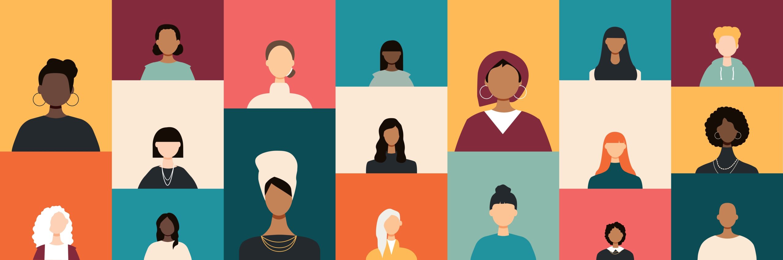 A colorful collage of diverse, illustrated female avatars, each in a separate rectangle with a unique background color. The avatars represent people of different skin tones, hairstyles, and clothing.